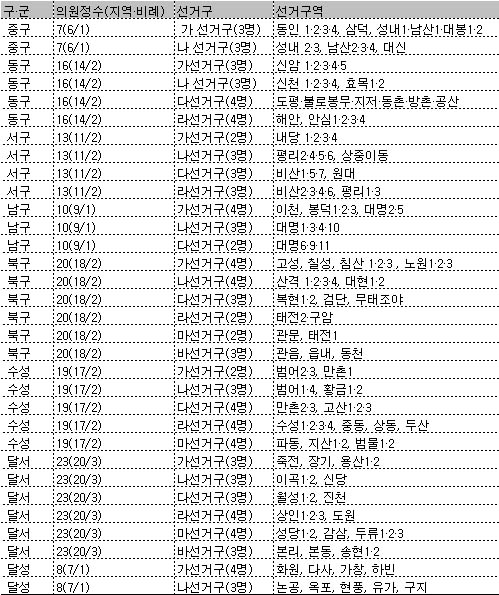 대구기초의원 32곳에서 2∼4명씩 뽑기로