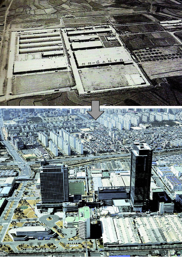 삼성전자 수원사업장의 첨단 연구개발 중심지로 떠오른 디지털연구소(오른쪽 건물)와 정보통신연구소 전경. 오른쪽 사진은 1969년 초창기 수원사업장의 모습으로, 주변이 논밭으로 둘러싸여 있다. 삼성전자 제공