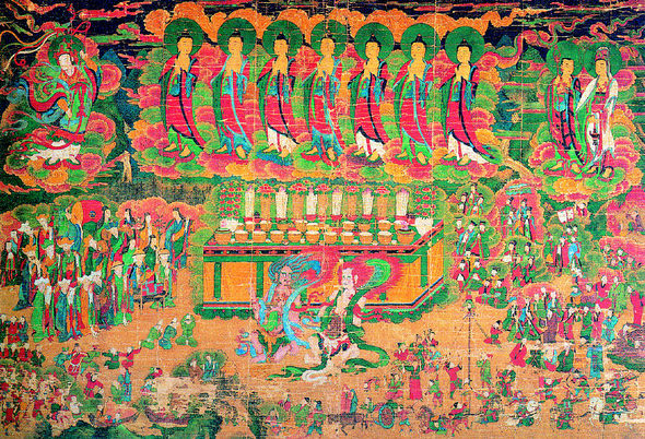비단에 채색한 선암사 서부도전 감로탱. 1736년 화가 승려 의겸이 그린 걸작으로 18세기 감로탱의 전형을 보여준다. 주홍, 청색, 녹색 등을 입힌 깔끔한 화면 위에 천상, 제단, 속세의 모습이 단정한 삼단 구도로 자리잡고 있다.