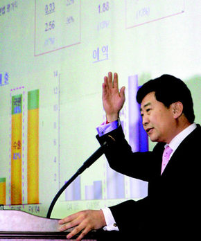 주우식 삼성전자 IR팀 전무가 13일 오후 서울 여의도 증권거래소 국제회의장에서 삼성전자의 2005년 4분기 실적을 발표하고 있다. 이정용 기자 <A href="mailto:lee312@hani.co.kr">lee312@hani.co.kr</A>