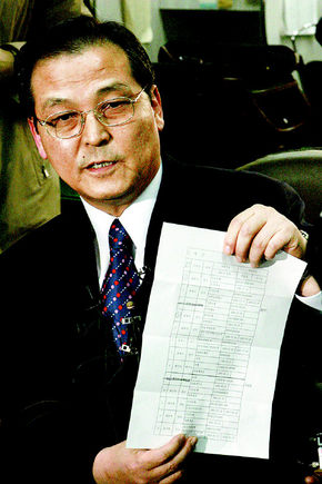 법조 브로커 윤상림 사건에 관련된 의혹을 받고 있는 최광식 경찰청 차장이 23일 청사 기자실에서 기자회견을 열어 결백을 주장하며 자신의 계좌 목록을 들어 보이고 있다. 이정아 기자 <A href="mailto:leej@hani.co.kr">leej@hani.co.kr</A>