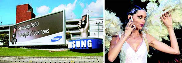 <b>공항에도 패션쇼에도…</b> 삼성 휴대폰의 브랜드 이미지를 높이기 위해 런던 히드로공항 입구에 세운 거대한 조형물.  삼성은 이같은 조형물을 런던, 파리, 베를린 등 유럽의 관문 역할을 하는 도시의 공항에 계속 설치해 가고 있다. 손 안에 있는 휴대폰으로 디지털문화의 모든 꿈을 실현한다는 의미를 담고 있다.  (왼쪽) 삼성전자는 문화적 자존심이 강한 프랑스에서는 브랜드 이미지를 높이는 수단으로 문화마케팅을 활발히 펼치고 있다. 지난 1월19일 프랑스 파리의 리도쇼장에서 열린 인기 디자이너 프랭크 소비에의 패션쇼에서 모델이 삼성전자 휴대폰으로 디자이너와 직접 통화하는 장면을 연출해 관객들의 환호를 받고 있다. 삼성전자 제공