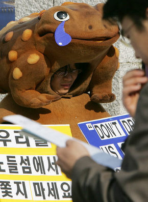 멸종위기종인 맹꽁이 모양의 인형을 쓴 서울환경운동연합 회원이 5일 오전 ‘서울 노들섬 예술센터 국제심포지엄’이 열린 서울 세종문화회관 앞에서 “맹꽁이 집단 서식지로 확인된 노들섬에 대한 생태조사에 앞서 야외 음악당을 착공하려는 계획을 철회하라”며 나홀로 시위를 벌이고 있다. ‘노들섬 예술센터 건립반대 시민모임’도 기자회견을 열어 건립 계획의 재검토를 요구했다. 서울시는 다음달 23일 예술센터를 착공할 예정이다. 김정효 기자 <A href="mailto:hyopd@hani.co.kr">hyopd@hani.co.kr</A>