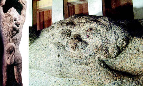 ‘신라의 사자’ 전에 나온 경주 출토 기둥장식 사자입상(왼쪽). 늘씬하게 뻗은 몸매와 달리 180도 옆으로 돌아간 얼굴(오른쪽)은 주먹코 왕방울눈의 익살스런 표정이다