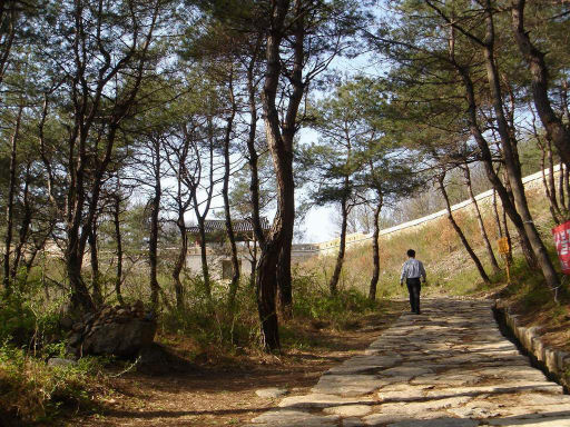 문경시 마성면 진남교반의 동쪽 산길은 부산 동래에서 한양까지 950리 영남대로를 잇는 문경 옛길의 자취가 가장 잘 보존돼 있다. 사진은 고모산성과 석현성 진남루로 오르는 박석포장의 산길