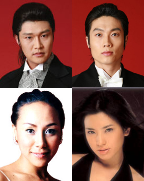 지킬 역을 맡은 류정한, 김우형과 루시 역의 정선아, 소냐(왼쪽 위부터 시계 방향)