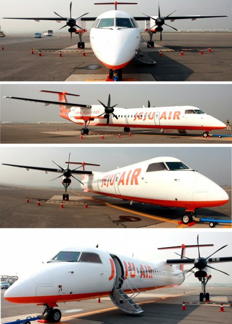 오는 5일 첫 취항을 앞두고 2일 시승비행을 한 Q400 항공기. 캐나다 봄바이어사의 Q400은 제트엔진에 프로펠러를 장착한 터보프롭 기종으로 74인승이다. 제주항공은 6월 한달 동안은 1대로 운항하고 7월부터 5대를 운항할 계획이다. /백승렬/경제/ 2006.6.2 (제주=연합뉴스)