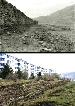 <b>사라진 ‘국내성’</b> 1935~40년 사이 지금의 중국 지린성 지안현 일대에서 찍은 고구려 국내성의 모습(위). 국내성은 네모꼴의 평지성으로 전체 둘레가 2686m에 이른다. 가운데 솟은 북서쪽 ‘각루’와 길게 이어진 성벽들이 당시 온전했던 성곽 보존 상태를 보여준다. 그러나 지난 4월 같은 위치·각도에서 찍은 사진(아래)은 성벽과 망루를 훼손하고, 아파트가 들어선 모습이다.