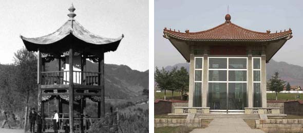 <b>유리에 갇힌 ‘광개토대왕비’</b> 광개토대왕의 아들 장수왕이 414년 세운 높이 5.34m, 각 면 너비 1.의  선왕 공덕비로 우리 역사상 가장 큰 비석이다. 비문 1802자는 당대 삼국의 정세와 대 일본 관계를 알려 주는 소중한 금석문 자료다. 중국은 87년 현 비각을 세운 데 이어 2003년 유리판으로 비석 주위를 완전히 막았다.