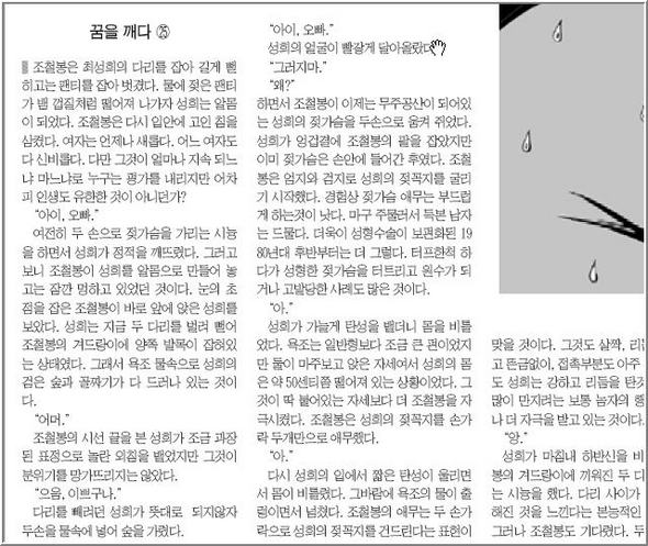 2006년 2월14일에 실린 ‘강안남자‘의 일부. [19세 이상] 밀봉이 된 성인물이 아니라, 각 가정과 사무실에 배달되는 누구나 볼 수 있는 종합일간지 <문화일보>에 5년 넘게 연재되고 있는 소설이다.