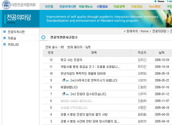 대한 전공의협의회 전공의 게시판에 올라온 의사 폭력에 관한 글.