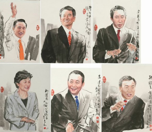인사동 선화랑에서 17-31일 열리는 우리시대의 얼굴전에서 소개되는 이광춘 경기대 교수가 그린 대권주자들의 초상화. 사진 왼쪽위부터 시계방향으로 이명박, 정동영, 김근태, 손학규, 고건, 박근혜. (서울=연합뉴스) 인사동 선화랑에서 17-31일 열리는 우리시대의 얼굴전에서 소개되는 이광춘 경기대 교수가 그린 대권주자들의 초상화. 사진 왼쪽위부터 시계방향으로 이명박, 정동영, 김근태, 손학규, 고건, 박근혜. (서울=연합뉴스)