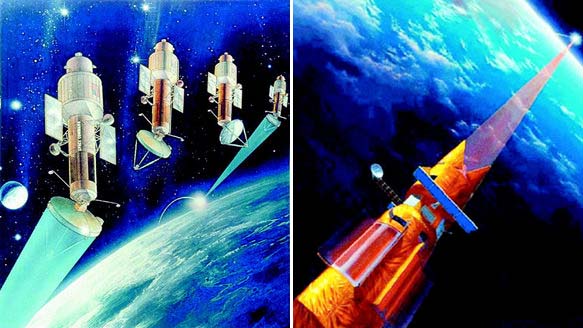 미국 공군이 개발에 나선 우주배치 레이저(Space Based Laser·SBL) 작전 개념도. 인공위성에서 레이저를 쏴 날아오는 적국 미사일을 파괴하는 모습이다. 출처: 미국과학자협회 홈페이지