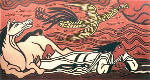 이만익 <주몽의 하늘> 160 x 300cm , 캔버스 위에 유화, 1991년, 이미지 출처 이만익 홈페이지 www. maniklee.com ⓒ 이만익 이만익 <주몽의 하늘> 160 x 300cm , 캔버스 위에 유화, 1991년, 이미지 출처 이만익 홈페이지 www. maniklee.com ⓒ 이만익