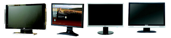 왼쪽부터 비티씨정보통신 제우스 5000M, 피시뱅크 PBM-220W, 엘지전자 L226WT, 알파스캔 J2200W