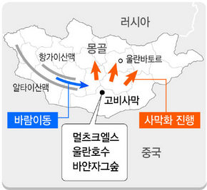 1980년대 후반까지 고비사막에서 가장 큰 삭사울나무 숲이었던 몽골 남부 바얀자그 지역이 황토모래가 침식돼 붉은 황토와 자갈로 덮였다. 몽골의 사막화는 최근 5년간 강 684곳, 지류 1484곳, 호수 760곳이 말라버릴 정도로 심각하다.