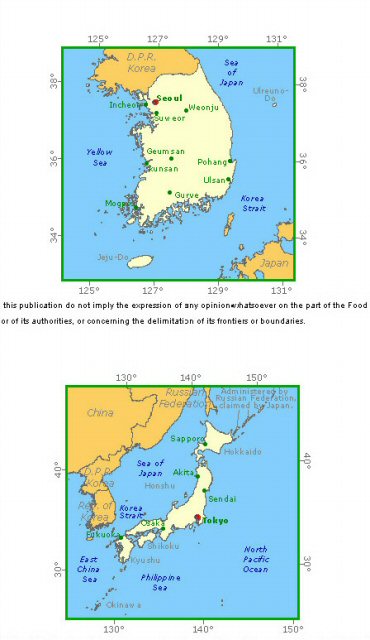 유엔식량농업기구(FAO)가 인터넷 사이트(www.fao.org)에서 세계 각국의 지도를 소개하며 한국과 일본의 지도에 동해를 일본해로 단독 표기해 놓고 있다. (서울=연합뉴스)