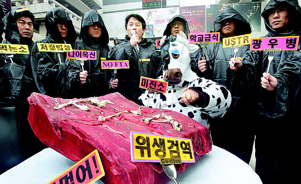 환경운동연합 회원들이 1일 서울 광화문 세종문화회관 앞거리에서 한-미 자유무역협정이 체결될 경우 우리 식탁에 오를 미국산 쇠고기의 광우병 위험을 경고하는 퍼포먼스를 펼치고 있다. 김종수 기자 <A href="mailto:jongsoo@hani.co.kr">jongsoo@hani.co.kr</A>