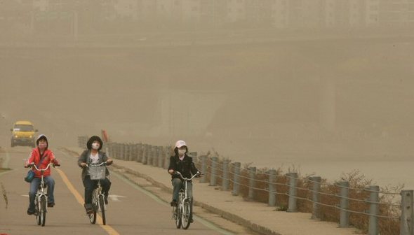 전국에 황사경보가 발령된 1일 오전 서울 잠실 한강 둔치를 찾은 시민들이 마스크를 쓴 채 자전거를 타고 있다.(서울=연합뉴스)