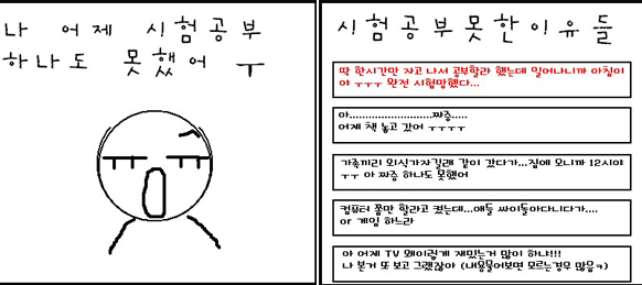 인터넷에 올라 온 '시험 공감' 게시물, 공부 잘하는 친구들은 항상 시험 전말 잠이 들어서 공부를 못했다고 한다. 하지만 막상 시험 보고 나면 90점 이상… ⓒ 인터넷뉴스 바이러스