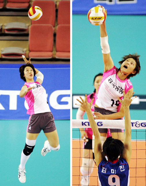 흥국생명 황연주(21·왼쪽)와 김연경(19·오른쪽)