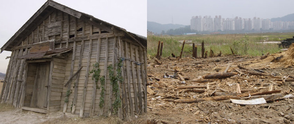 경기 시흥시 옛 염전에 들어서 있던 ‘소금창고’가 지난 4일 등록문화재 지정 심의를 사흘 앞두고 흔적도 없이 파괴된 모습(시흥와이엠씨에이 김상신 간사 제공)과 파괴 전 원래 모습.(<시흥시민뉴스> 제공)