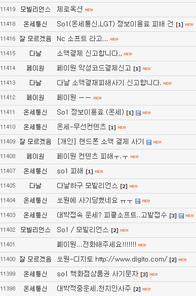 휴대폰 소액결제 피해자 모임(http://cafe.daum.net/soeaek)에 올라와 있는 피해 사례들.