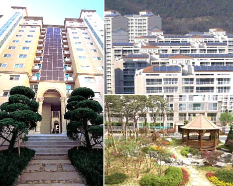 지디(GD)마크를 최근 획득한 쌍용건설의 서울 방배동 예가클래식 아파트(왼쪽), 대구 경산 우림필유 아파트의 생태연못과 정자(오른쪽 아래), 민간아파트 최초로 태양광 발전판을 사용한 목포 옥암 푸르지오 아파트(오른쪽 위). 
쌍용·우림·대우건설 제공