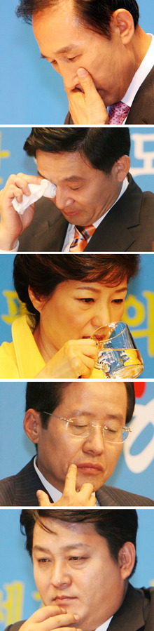 한나라당 대선 경선후보인 이명박(위로부터 경선번호순), 원희룡, 박근혜, 홍준표, 고진화 후보가 19일 오후 대전 평송 청소년수련원에서 열린 통일·외교·안보 분야 정책비전대회에서 각각 다양한 표정을 지으며 생각에 잠겨있다. 
대전/국회사진기자단