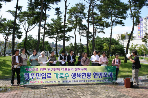 청주 충북환경운동연합 회원 등이 가로수 길의 양버즘나무 생육 상태 조사에 앞서 조사 방법 등을 설명하고 있다.