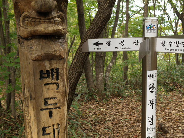 등산안내판과 벤치 등이 어지럽게 들어선 단목령 정상. 이곳도 역시 출입통제 구역으로 백두대간 마룻금이 지난다.