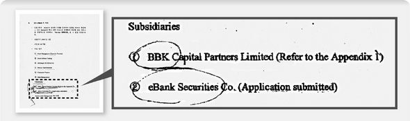 이명박 후보가 대표로 있던 엘케이이(LKe)뱅크가 투자 유치를 위해 하나은행에 보낸 설명회 자료에는 비비케이(BBK)가 자회사(Subsidiaries)들 가운데 하나로 표시돼 있다.