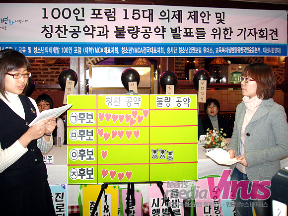 후보들의 교육정책 중 학벌주의 경쟁교육을 해소할 수 있는 공약에는 칭찬 스티커를 청소년의 의견을 반영하지 않고 양극화를 심화하는 공약에는 불량스티커를 붙였다.  ⓒ 인터넷뉴스 바이러스