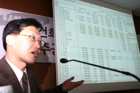  ‘이건희 왕국을 넘어 민주공화국으로’라는 주제로 3일 오후 서울 종로구 참여연대에서 열린 토론회에서 김진방 인하대 교수가 1994년부터 2007년까지의 삼성생명 지분 변동 상황을 설명하고 있다. 강창광 기자chang@hani.co.kr
