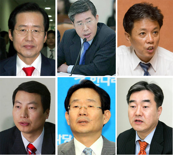 이명박의 법조인맥. 왼쪽 위부터 시계방향으로 홍준표, 정종복, 오세경, 은진수, 김명곤, 박준선