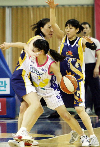 신세계 박선영(가운데)이 11일 부천체육관에서 열린 여자프로농구에서 신한은행 정선민(왼쪽)과 최윤아의 수비를 뚫으려 하고 있다. 부천/연합뉴스