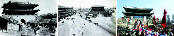 1900년 사진을 보면 숭례문 옆으로 성벽이 있는 것을 볼 수 있다. 이 성벽은 일제가 숭례문 옆으로 길을 내면서 완전히 사라졌다. 성벽 대신 전찻길이 놓인 40년대 모습. 이후 남대문은 도로 가운데에 섬처럼 고립돼 있다가 2005년 광장을 조성해 시민들이 직접 만나볼 수 있게 됐다. 2006년에는 숭례문 중앙 통로도 개방됐다. <한겨레> 자료사진