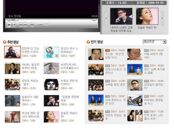 중앙일보 홈페이지인 조인스닷컴의 3월 5일 동영상뉴스 페이지. 홍석현 회장을 취재하러 갔던 카메라 기자들의 영상물은 전혀 올라와 있지 않고 선정적인 내용의 영상물 위주로 채워져 있다.