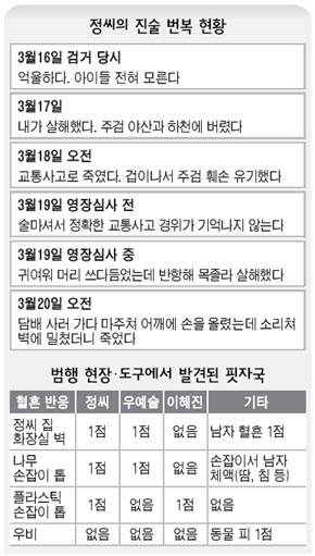 안양 초등생 살해 피의자 정씨의 진술 번복 현황/ 범행 현장·도구에서 발견된 핏자국 