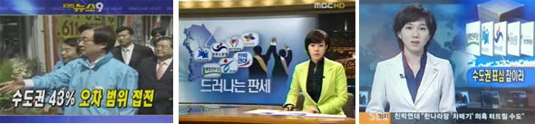 2008총선미디어연대가 주요 신문과 방송의 4·9 총선 보도를 분석한 결과, 정책과 공약을 따지는 기획물이 적었던 것으로 나타났다. 사진은 지상파 방송 3사 메인뉴스의 최근 총선 관련 보도. 〈한국방송〉 〈문화방송〉 〈에스비에스〉 제공