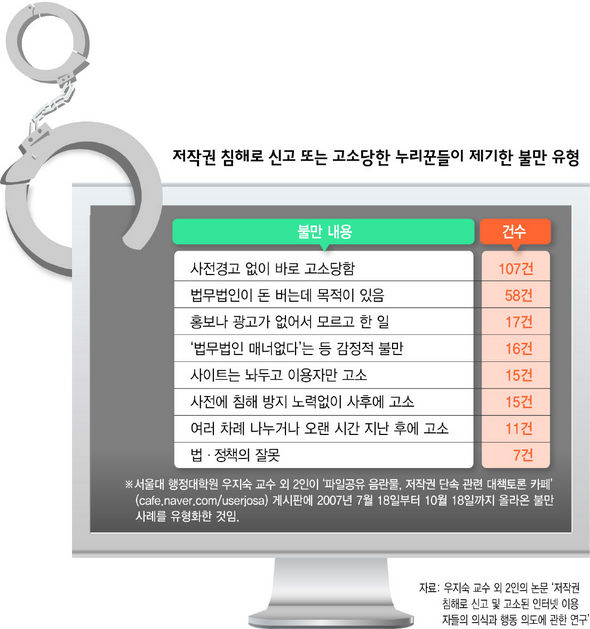 저작권 침해로 신고 또는 고소당한 누리꾼들이 제기한 불만 유형.