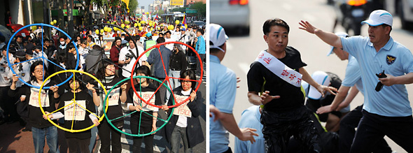 164개 시민사회단체로 구성된 ‘티베트 평화연대’ 소속 회원들이 27일 오후 서울 탑골에서 시청 앞까지 오륜기 모양의 모형을 들고 ‘평화의 성화 봉송’ 거리행진을 하고 있다. 김명진 기자 (왼쪽 사진) 북한인권단체의 한 회원(가운데)이 27일 오후 서울 역삼역 인근에서 성화 봉송 나르기 행렬이 지나는 도로변에 시너를 뿌리고 불을 붙이려다 경찰이 제지하자 몸을 피하고 있다. 사진공동취재단 (오른쪽 사진)
