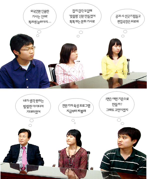 ‘내가 2028년 한겨레 편집국장이라면’ 방담에 참여한 학생들이 7일 서울 마포구 공덕동 한겨레신문사 8층 회의실에서 김종구 편집국장과 이야기를 나누고 있다. 왼쪽부터 배윤재(건국대), 김현영(고려대), 배현아(덕성여대), 김종구 국장, 정소진(연세대), 김승현(서울사이버대학). 김명진 기자 <A href="mailto:littleprince@hani.co.kr">littleprince@hani.co.kr</A>