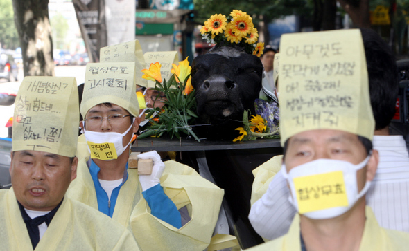 상복은 입은 전국농민회총연맹 소속 농민들이 31일 오후 미국산 소와 같은 품종의 소머리를 얹은 상여를 메고 서울 청계광장 주변을 행진하고 있다. 이들은 청와대로 가 이 소머리를 이명박 대통령에게 전달하려 했으나 경찰에 가로막혀 발길을 돌렸다. 김정효 기자 <A href="mailto:hyopd@hani.co.kr">hyopd@hani.co.kr</A>