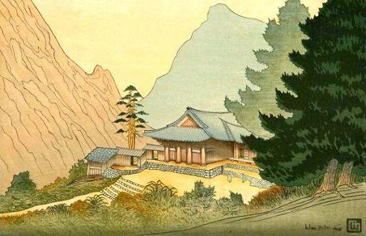 릴리안 밀러, 〈마하연, 금강산〉, 다색목판 38 x 26cm 1928년 릴리안 밀러, 〈마하연, 금강산〉, 다색목판 38 x 26cm 1928년