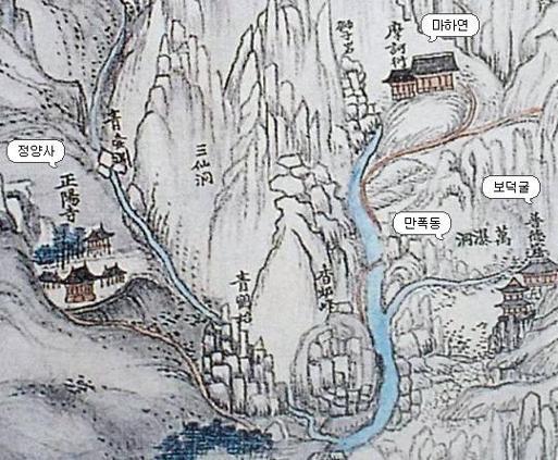 김오헌, 〈내외금강산전도〉, 견본에 수묵담채 19 ~ 20세기초, 강릉시 오죽헌 . 시립박물관 소장
김오헌, 〈내외금강산전도〉, 견본에 수묵담채 19 ~ 20세기초, 강릉시 오죽헌 . 시립박물관 소장