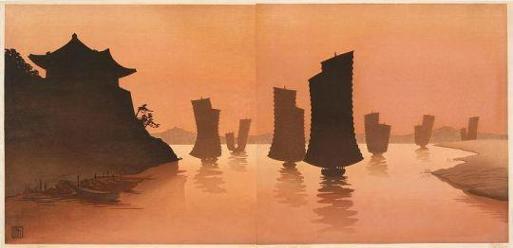 릴리안 밀러,〈노을 속의 조선 황포돛배〉, 다색목판 두쪽 연결 36 x 76cm 1928년 릴리안 밀러,〈노을 속의 조선 황포돛배〉, 다색목판 두쪽 연결 36 x 76cm 1928년