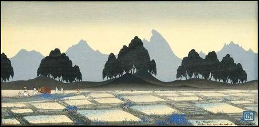 릴리안 밀러,〈조선의 가을 저녁〉, 다색목판 22 x 43cm 1928년 가나아트 소장 릴리안 밀러,〈조선의 가을 저녁〉, 다색목판 22 x 43cm 1928년 가나아트 소장
