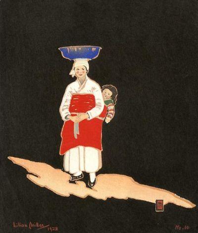 릴리안 밀러,〈조선의 정취〉, 다색목판 23 x 18cm 1928년 릴리안 밀러,〈조선의 정취〉, 다색목판 23 x 18cm 1928년