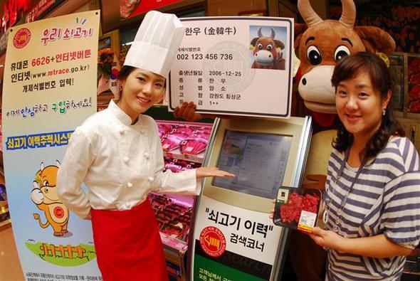  쇠고기 이력 추적제를 시범 사업으로 운영 중인 농림수산식품부는 1일 롯데마트 서울역점에서 이력 정보 확인을 권장하는 행사를 열었다. 쇠고기 이력 추적제란 개체식별번호를 이용해 고기의 출생년월일, 사육지, 등급, 도축 및 가공일자 등의 이력 정보를 확인할 수 있는 시스템이다.  연합뉴스